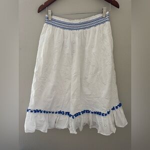 J. Crew White and Blue Embroidered Skirt